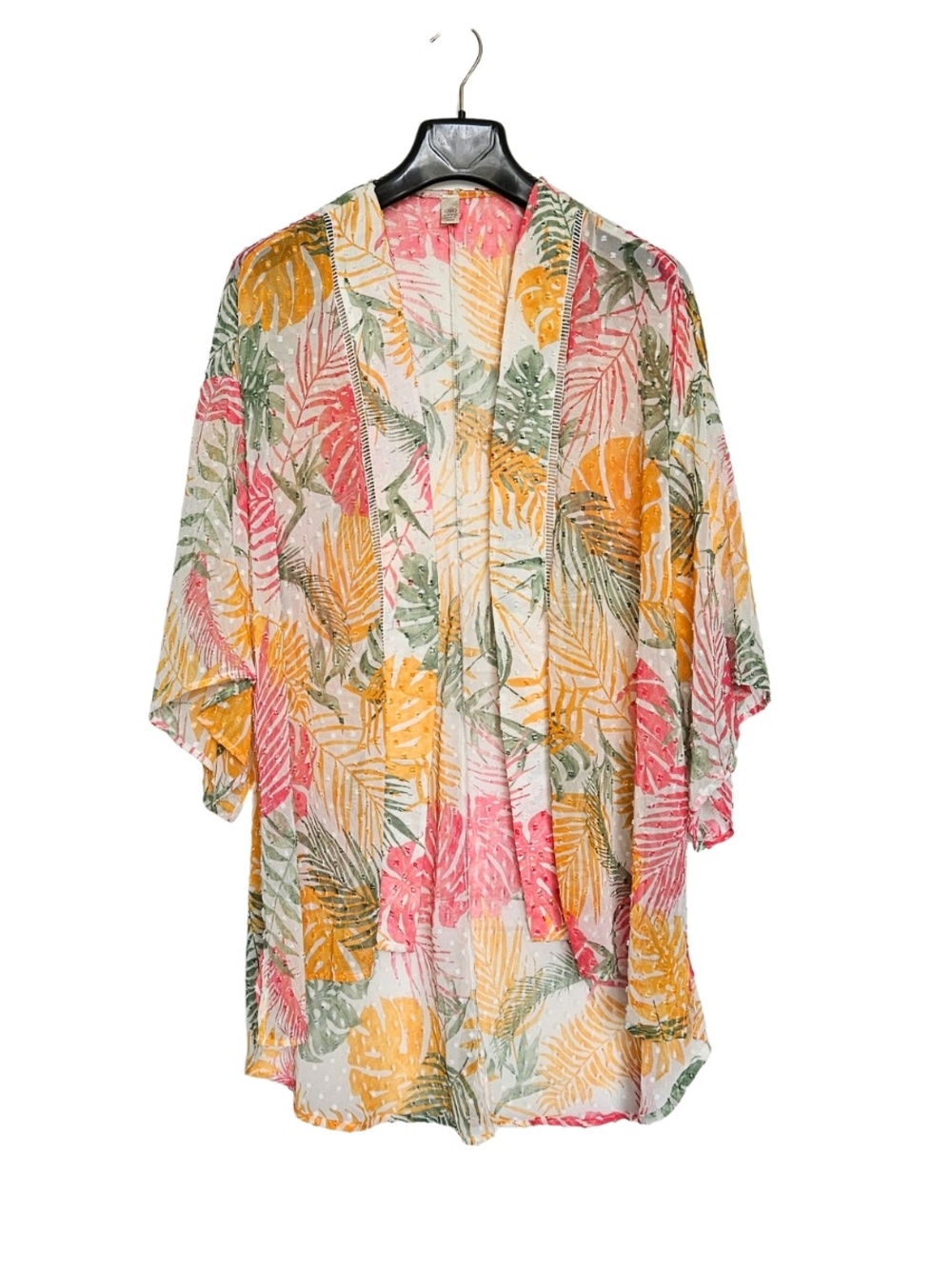 Cato Women's One Size Tropical Leaf Print Kimono - Pink, Yellow & Green